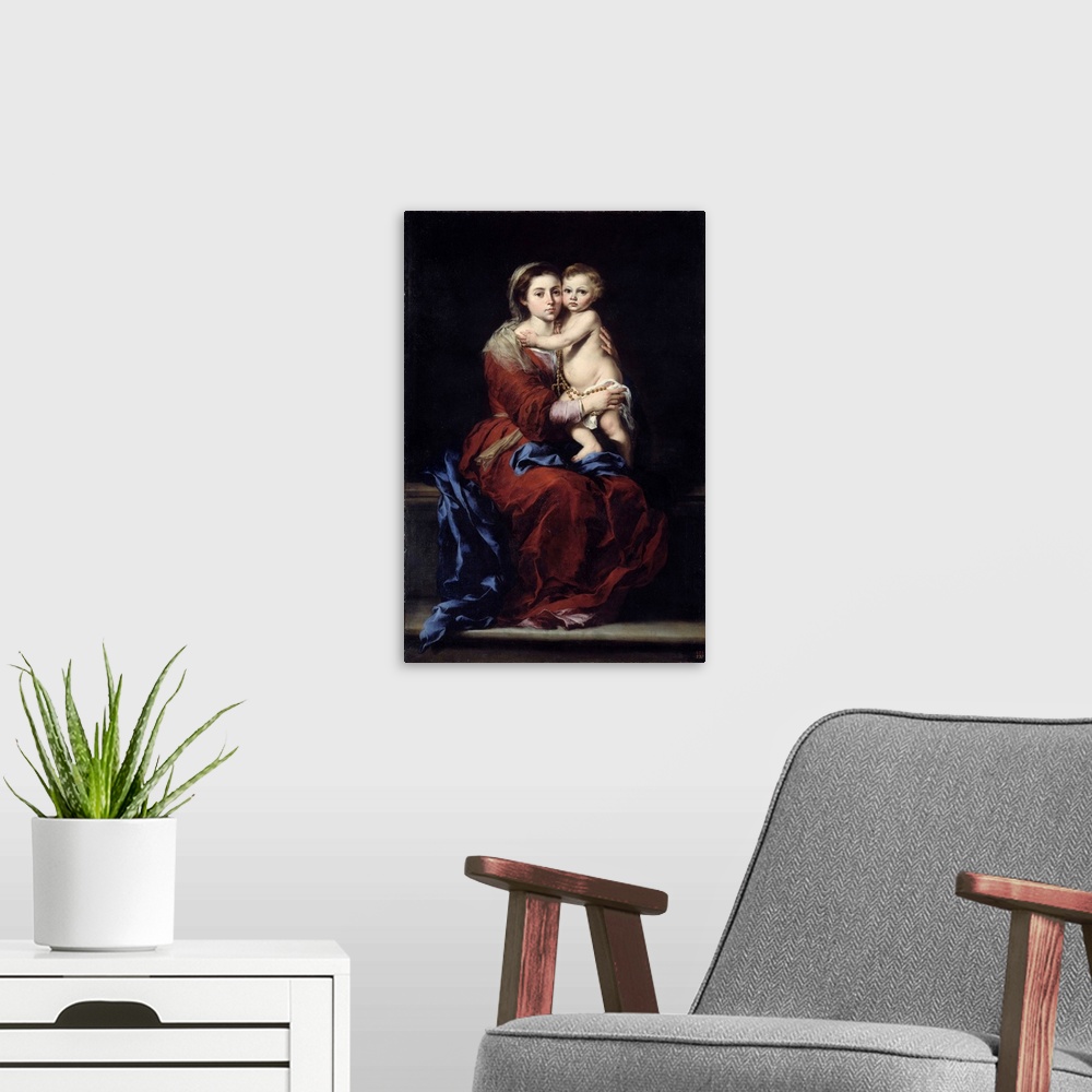 A modern room featuring The Virgin of the Rosary. Madonna with the child. Painting by Bartolome Esteban Murillo (1618-168...