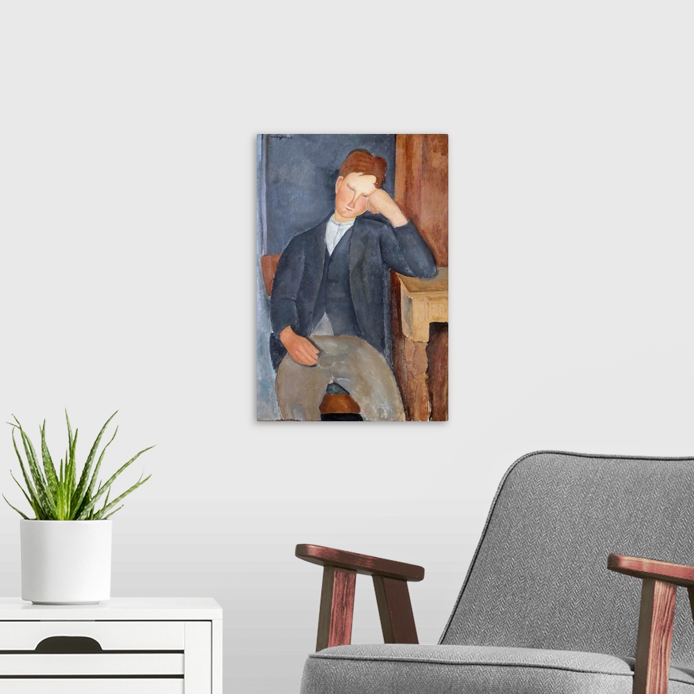 A modern room featuring Amedeo Modigliani (French, 1884-1920), The Young Apprentice, 1918-19, oil on canvas, 100 x 65 cm ...