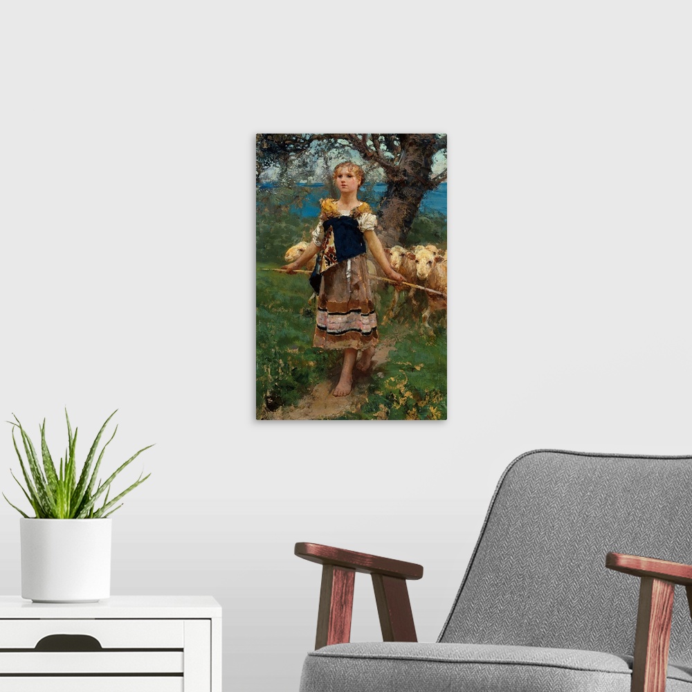 A modern room featuring The Young Shepherdess By Francesco Paolo Michetti