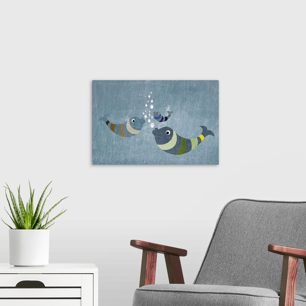 A modern room featuring Three fish in water