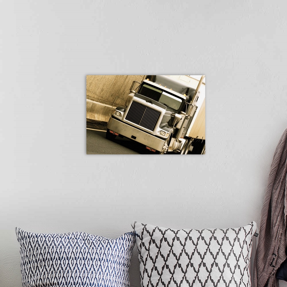 A bohemian room featuring Tilted image of a semi-truck