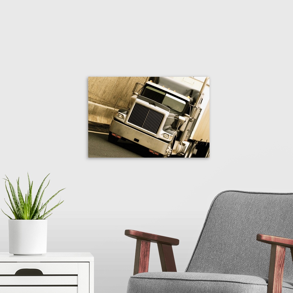 A modern room featuring Tilted image of a semi-truck