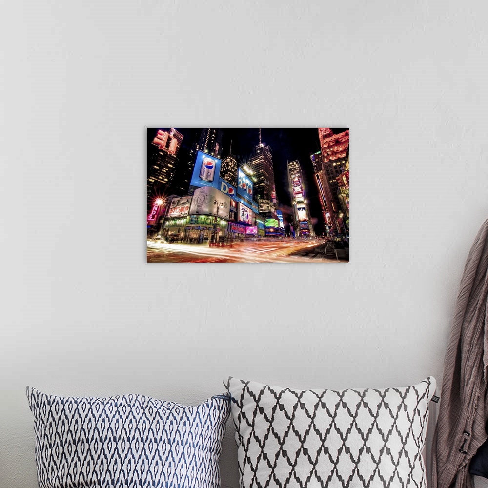 A bohemian room featuring Night photograph of the bright lights of Times Square in New York City, New York.