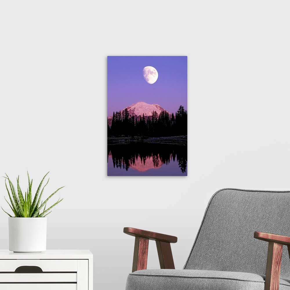 A modern room featuring TIPSOO LAKE AND FULL MOON AT MOUNT RANIER NATIONAL PARK IN WASHINGTON