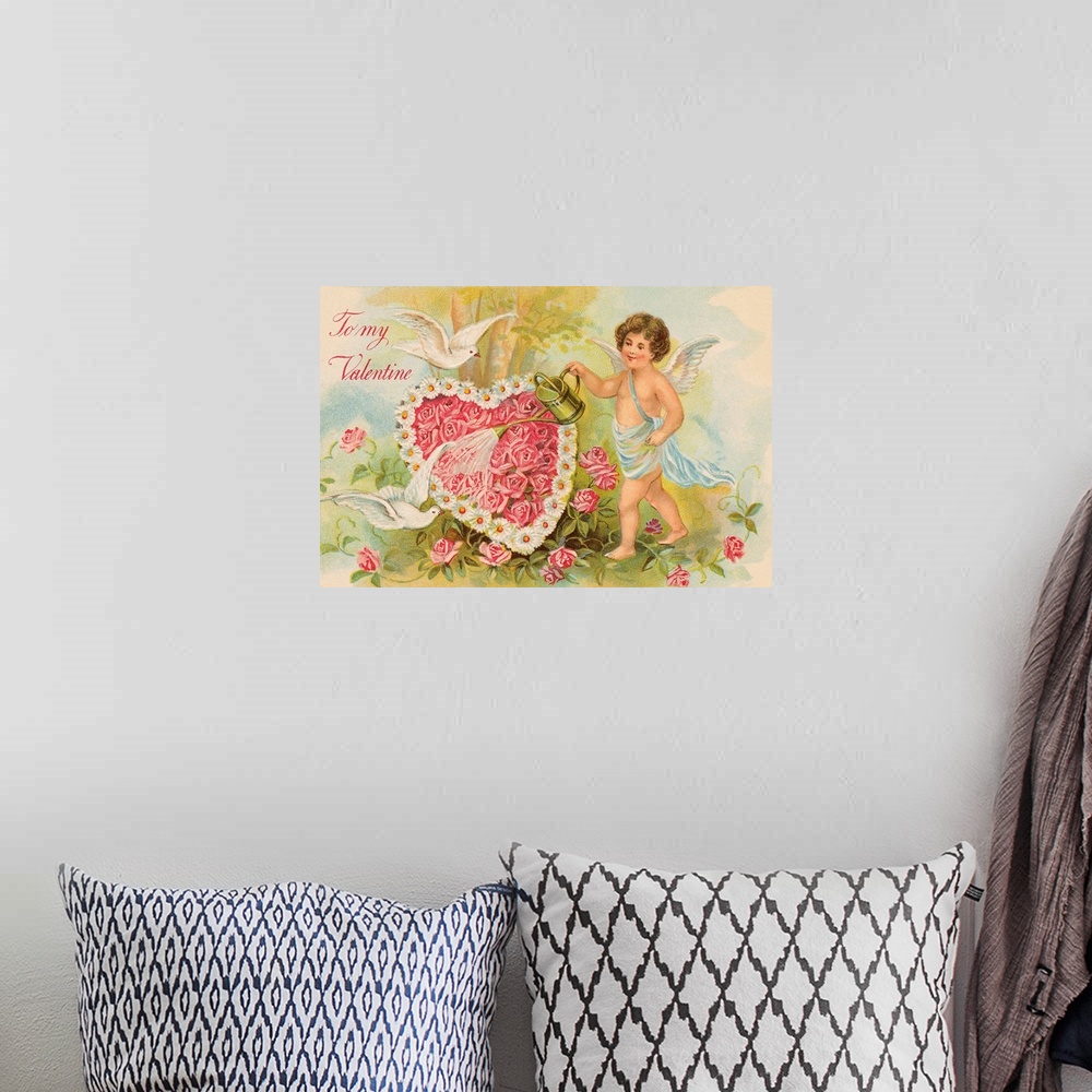 A bohemian room featuring To My Valentine Postcard with Cherub Watering Flowers