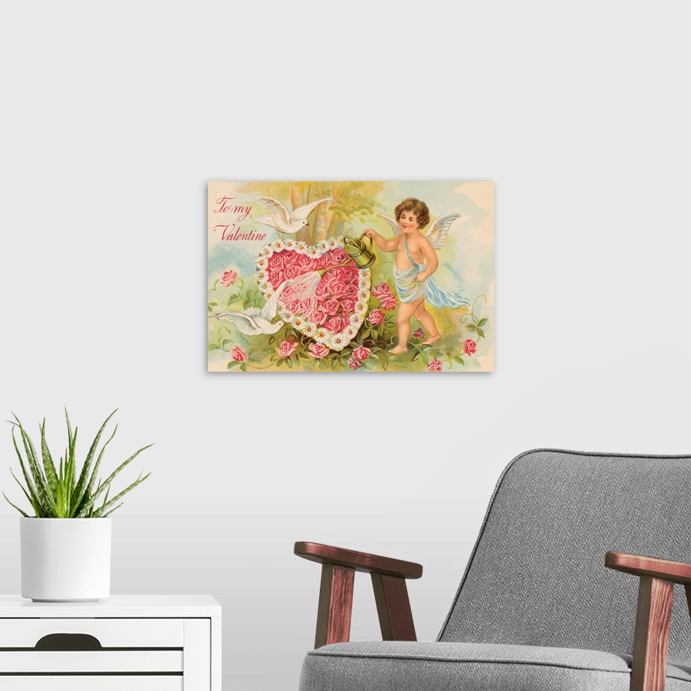 A modern room featuring To My Valentine Postcard with Cherub Watering Flowers
