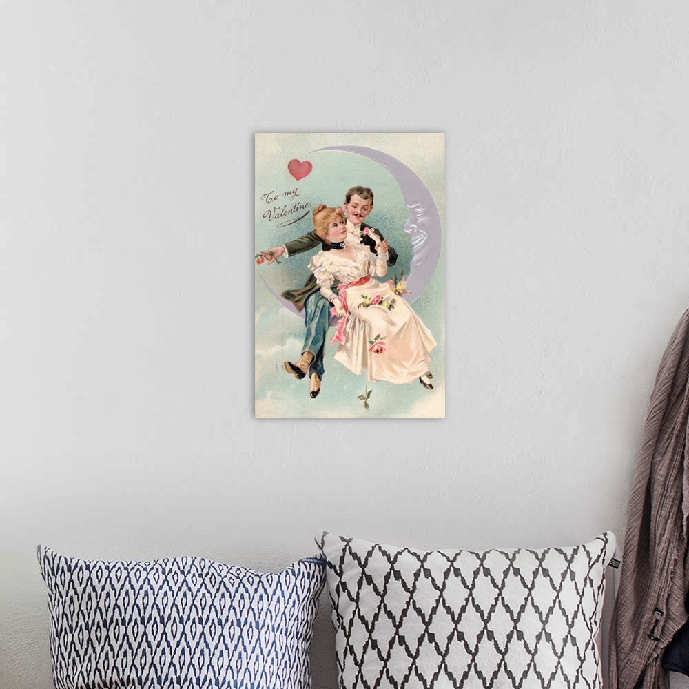 A bohemian room featuring To My Valentine Postcard With Couple On Cresent Moon