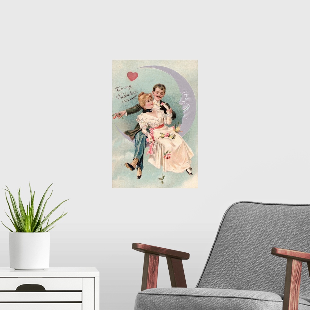 A modern room featuring To My Valentine Postcard With Couple On Cresent Moon