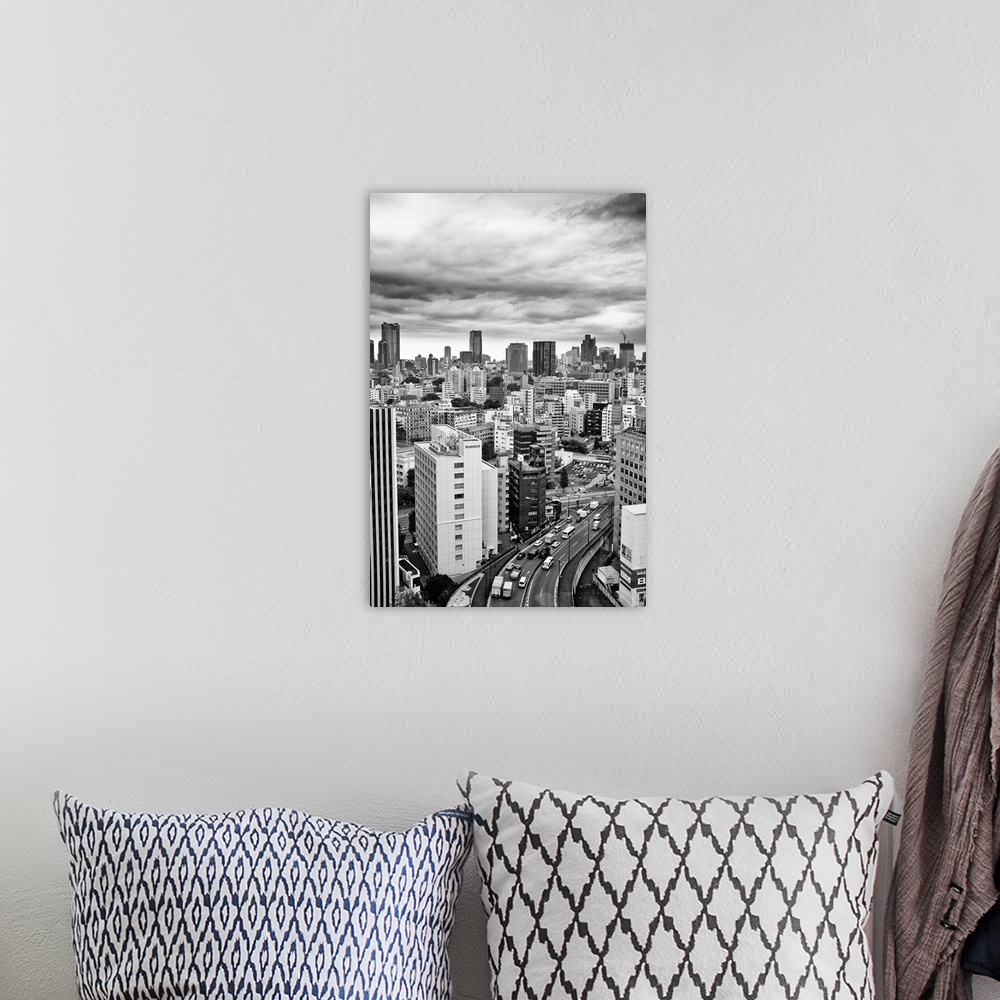 A bohemian room featuring Tokyo Skyline shot from Tamachi converted to B&W.