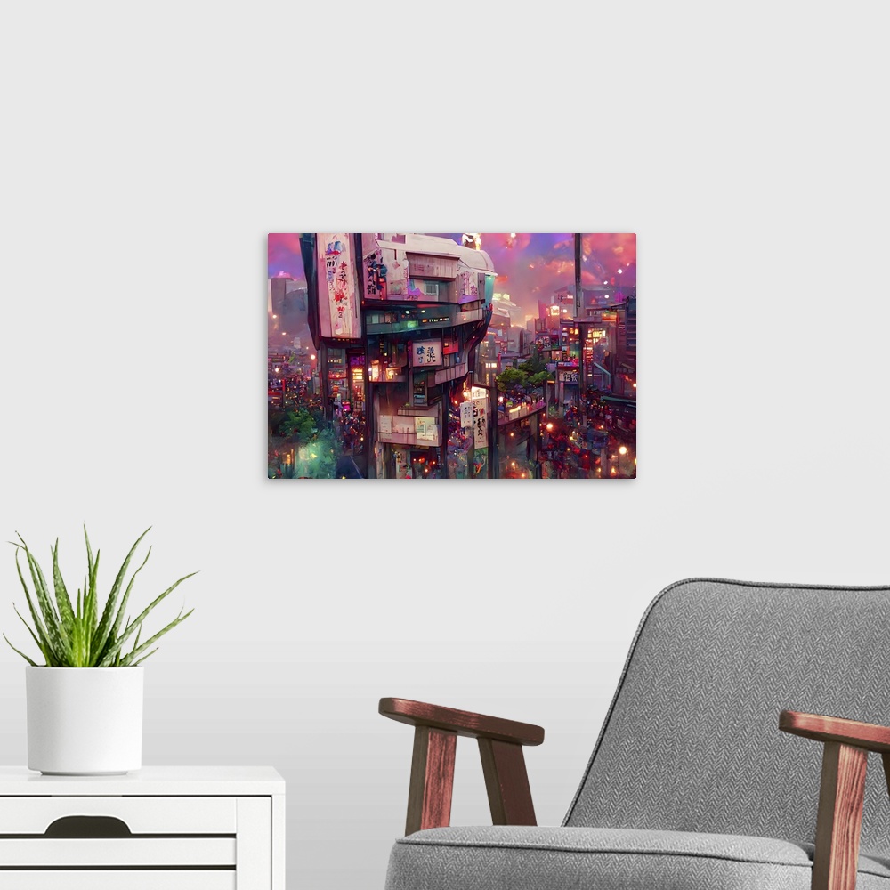 A modern room featuring Digitall illustrated Toyko street scene.