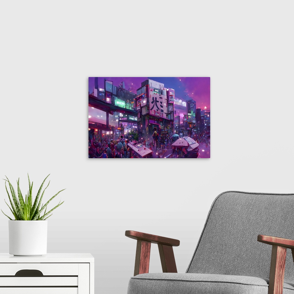 A modern room featuring Tokyo street scene, originally a computer-generated illustration.