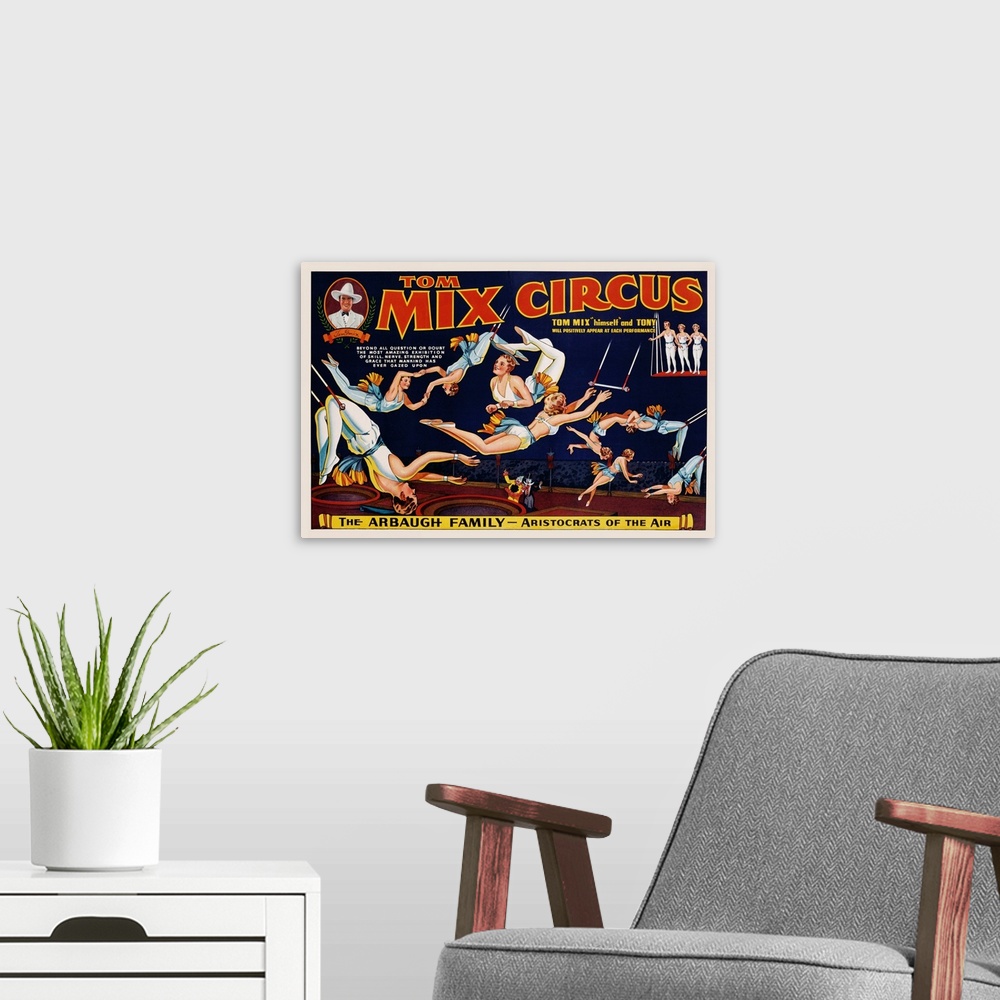 A modern room featuring The poster advertisement highlights the Arbaugh family of circus performers.