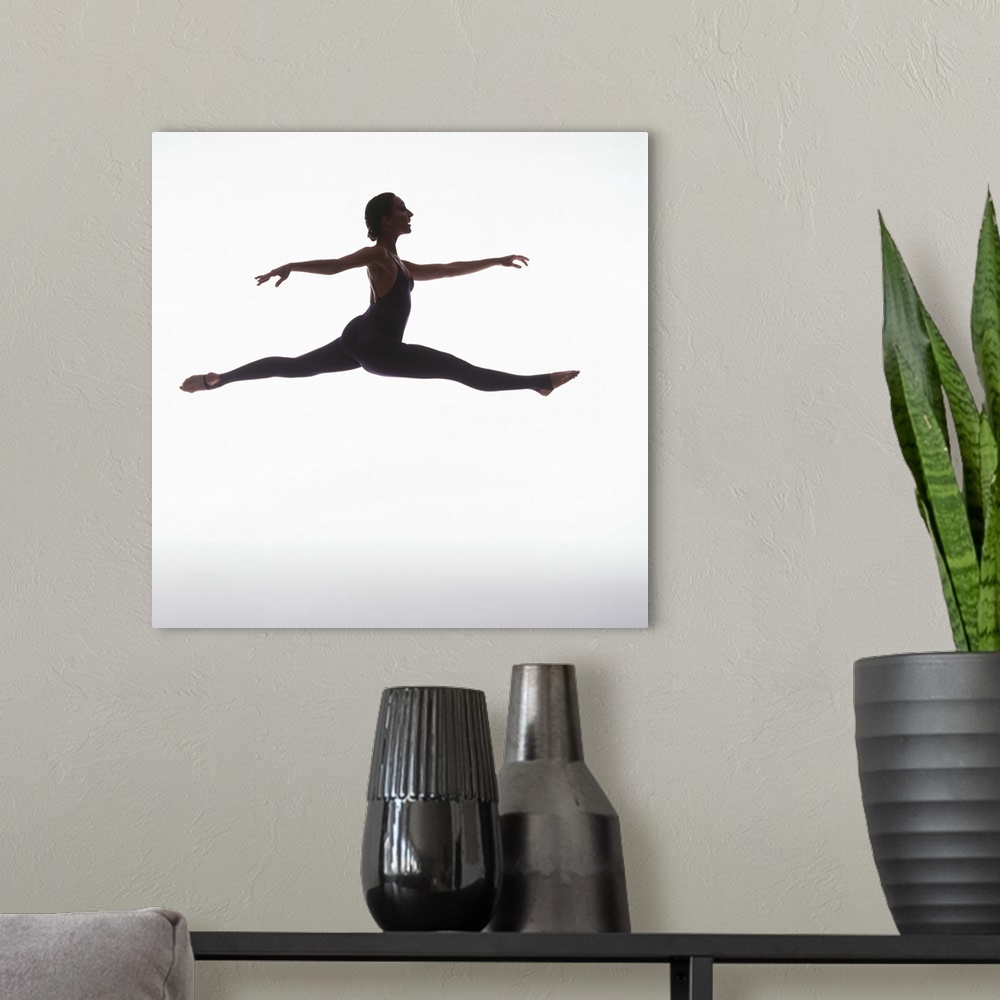 A modern room featuring toned silhouette of a young woman performing ballet
