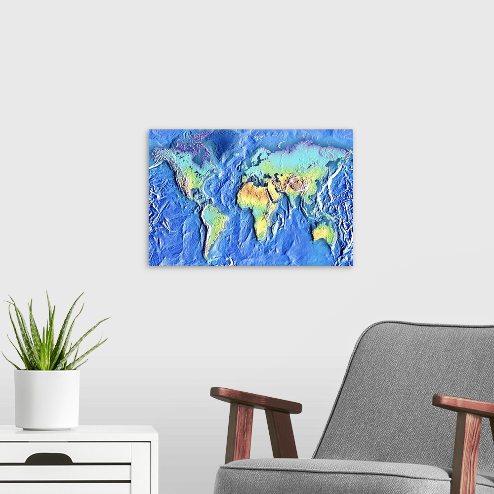 A modern room featuring Topographic map of world