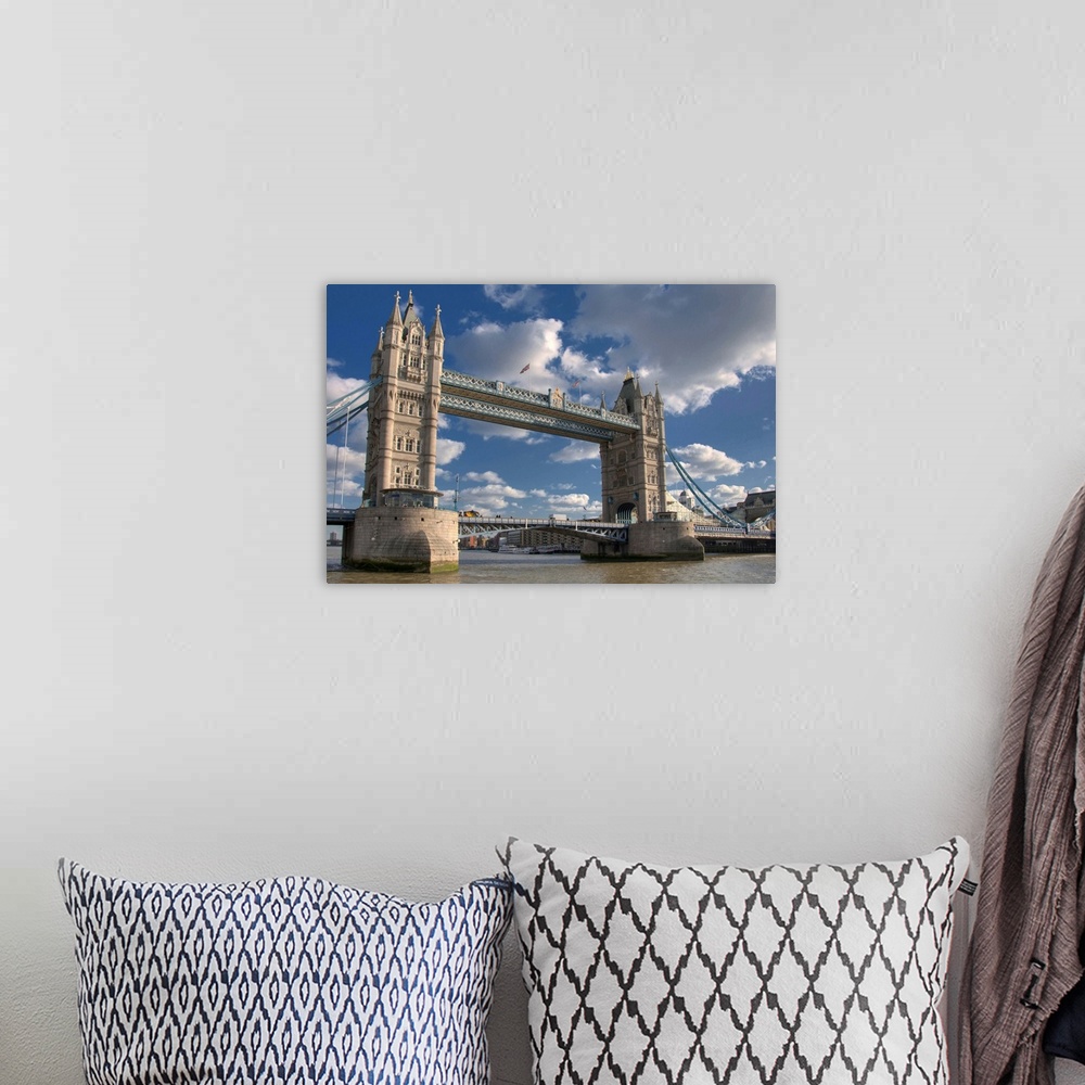A bohemian room featuring Tower Bridge is combined bascule and suspension bridge in London, England, over River Thames.