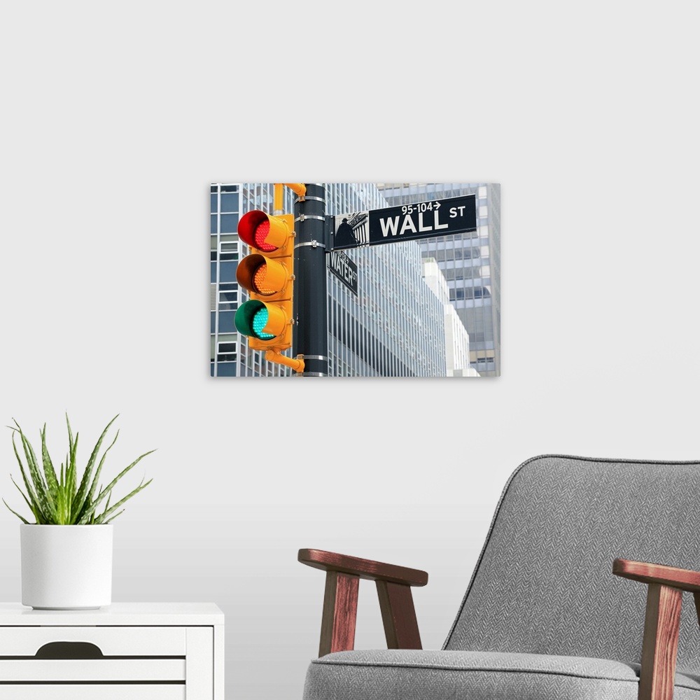 A modern room featuring Traffic light and Wall Street sign, New York City, USA