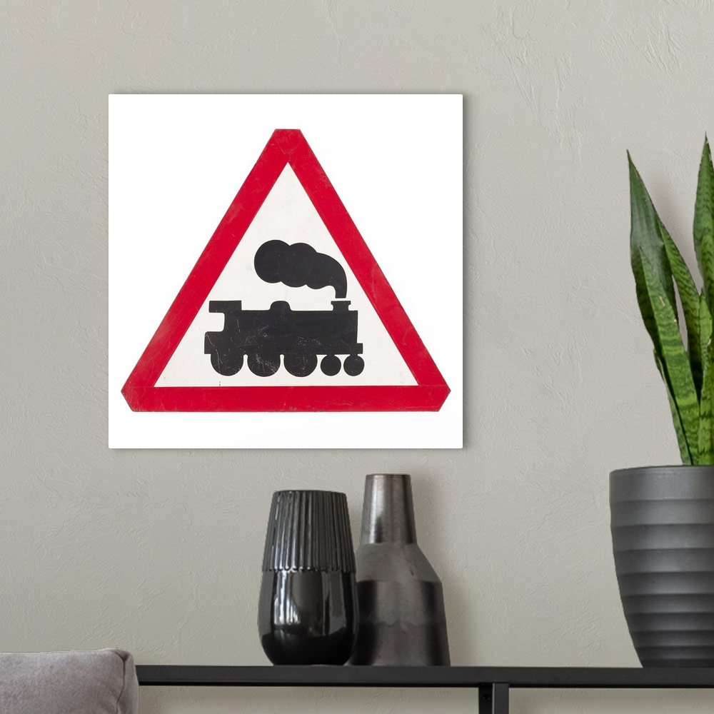 A modern room featuring train sign