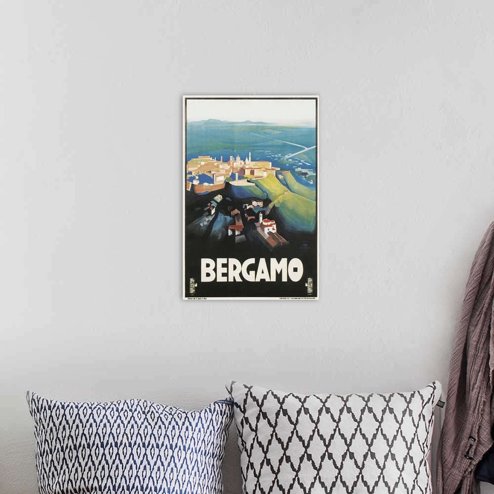 A bohemian room featuring Travel Poster for Bergamo, Italy