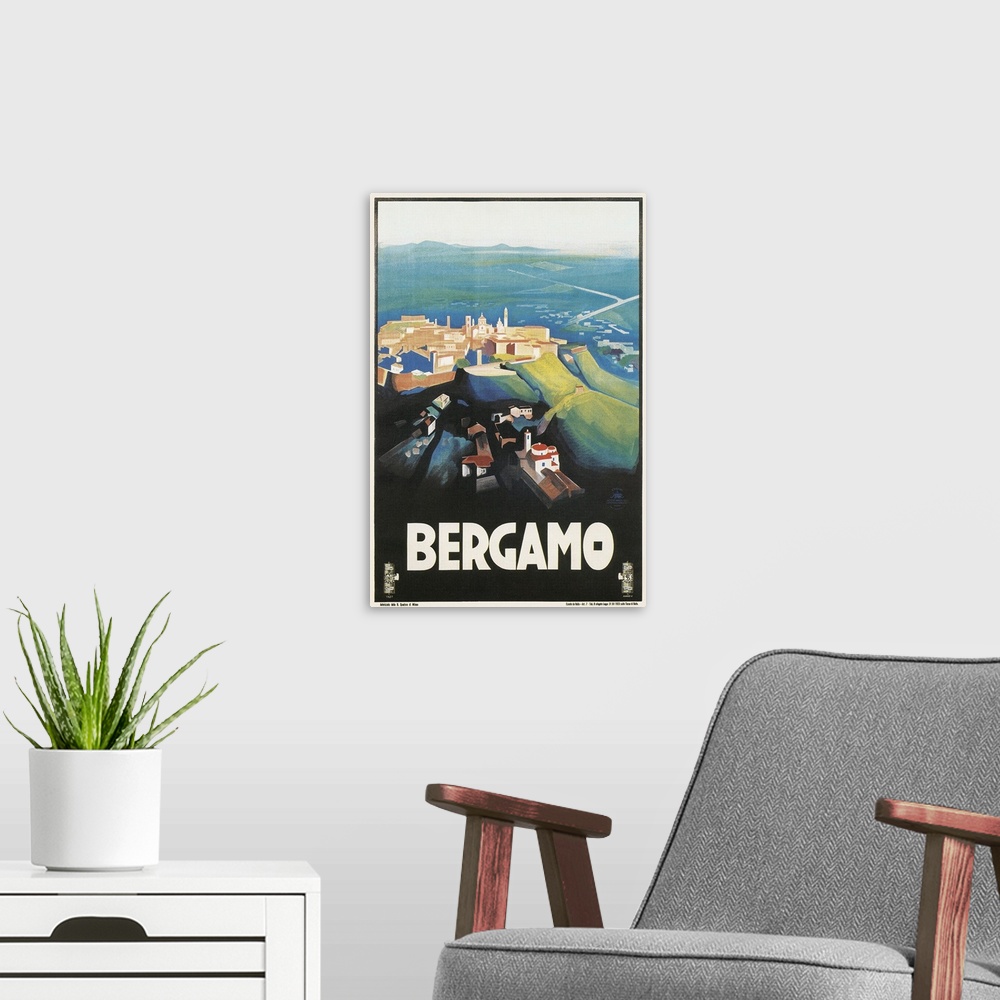 A modern room featuring Travel Poster for Bergamo, Italy