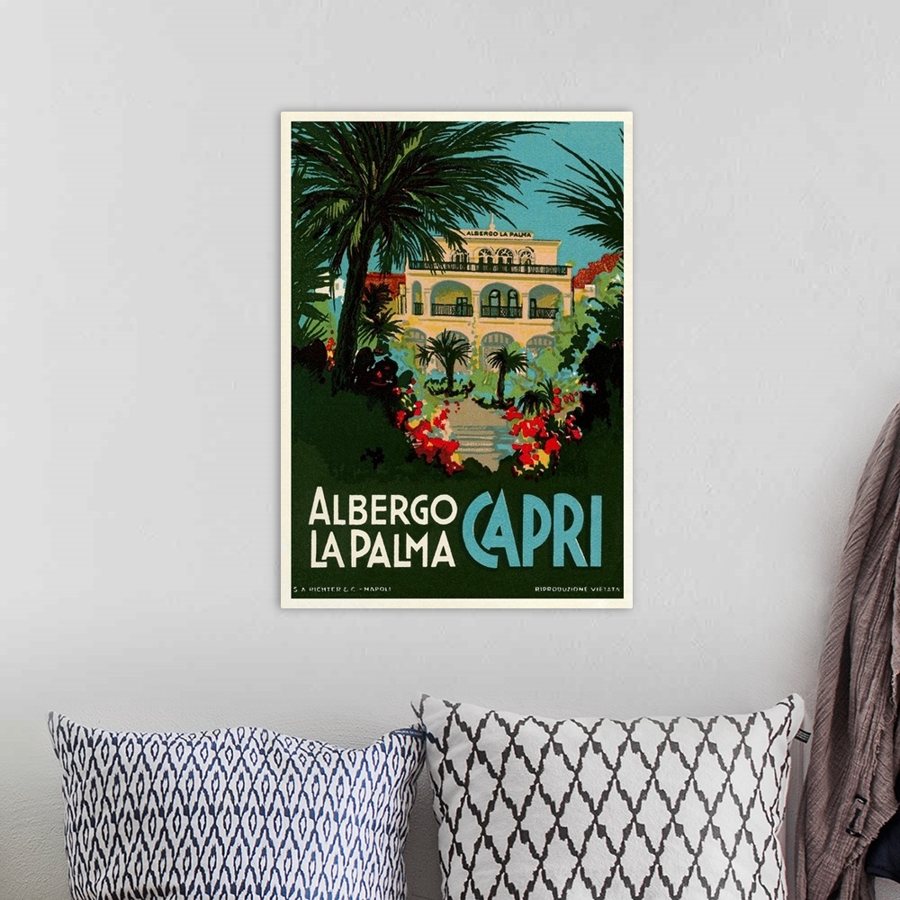 A bohemian room featuring Travel Poster for Capri, Italy