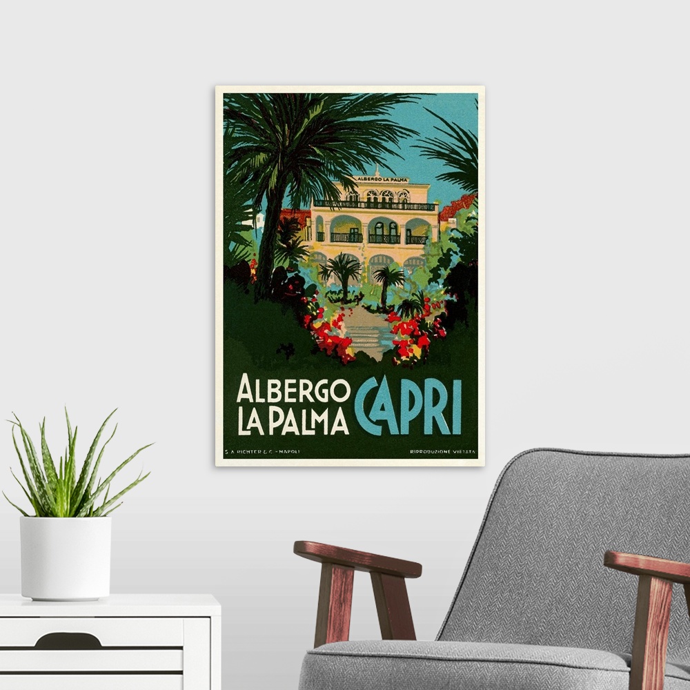 A modern room featuring Travel Poster for Capri, Italy