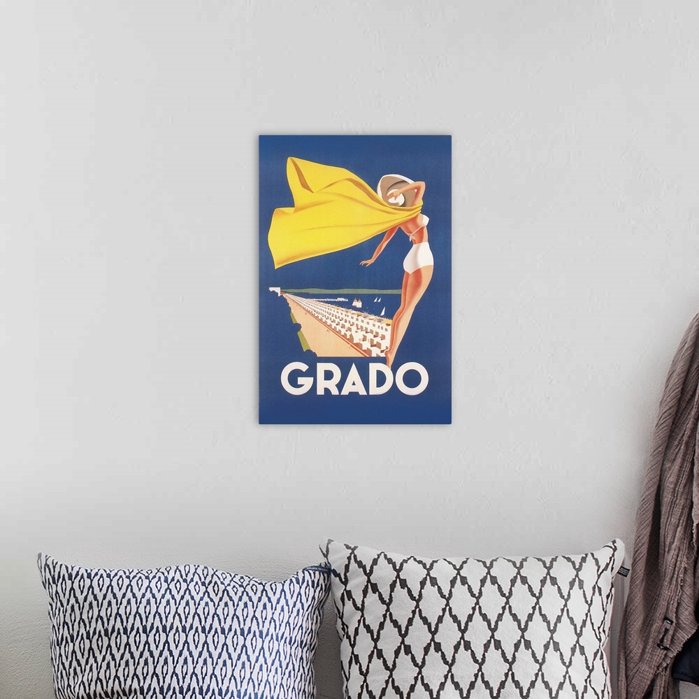 A bohemian room featuring Travel Poster for Grado, Italy