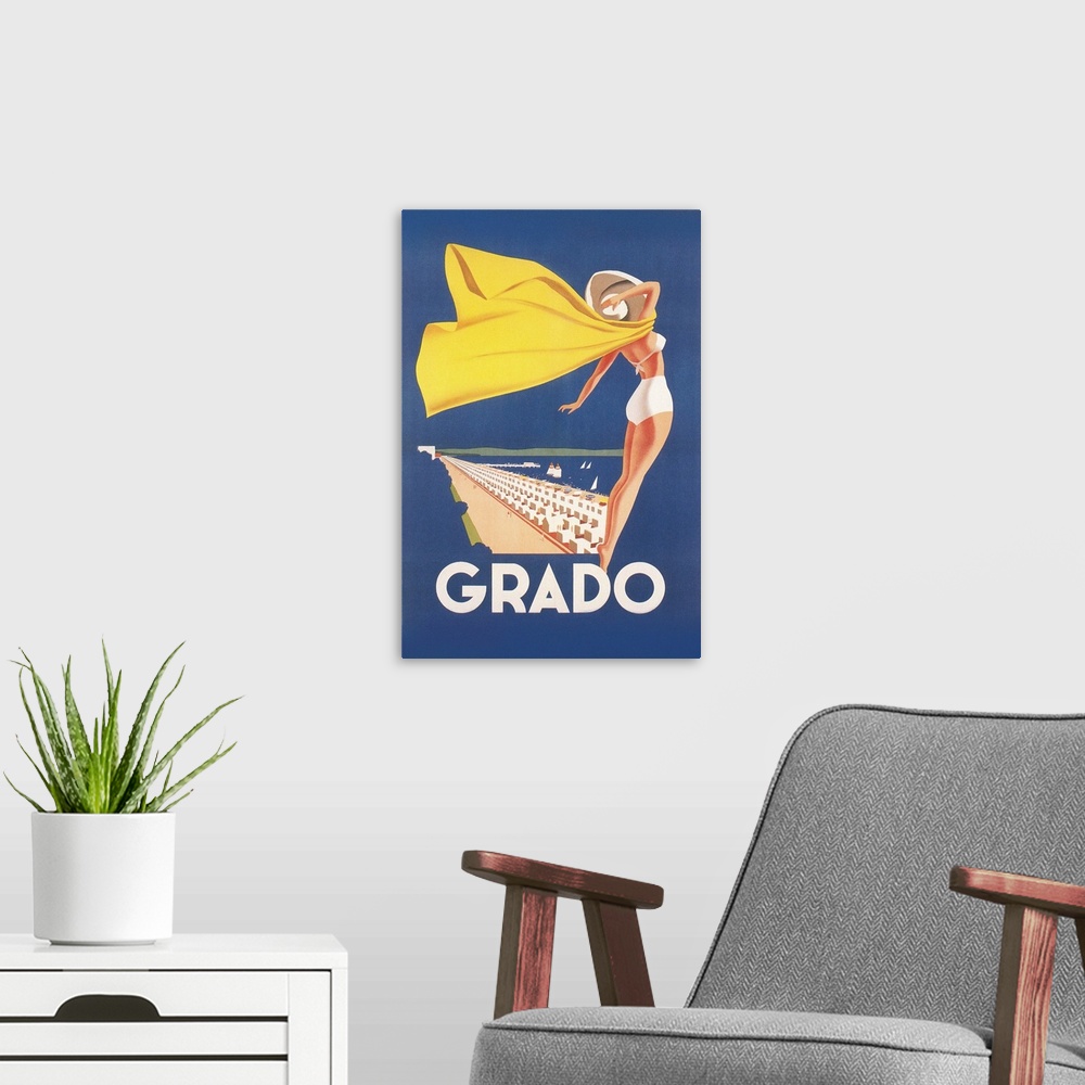 A modern room featuring Travel Poster for Grado, Italy