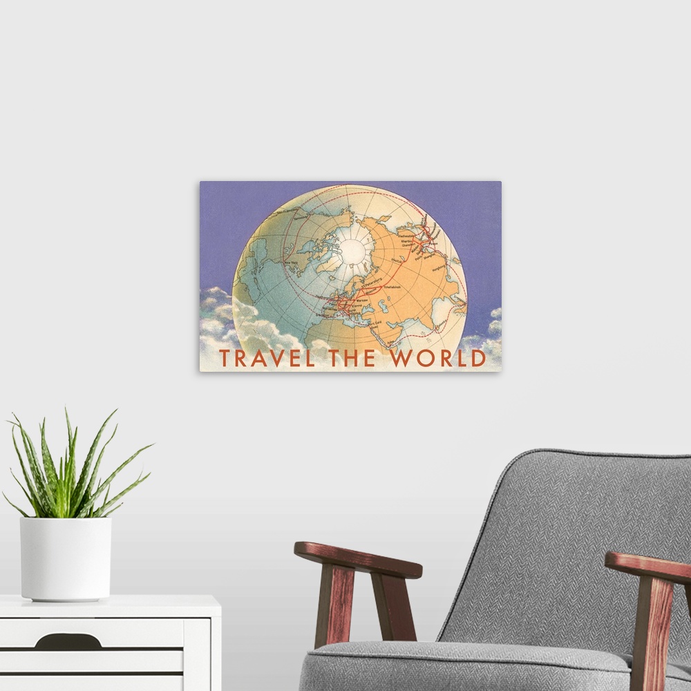 A modern room featuring Travel the World, Globe with Routes