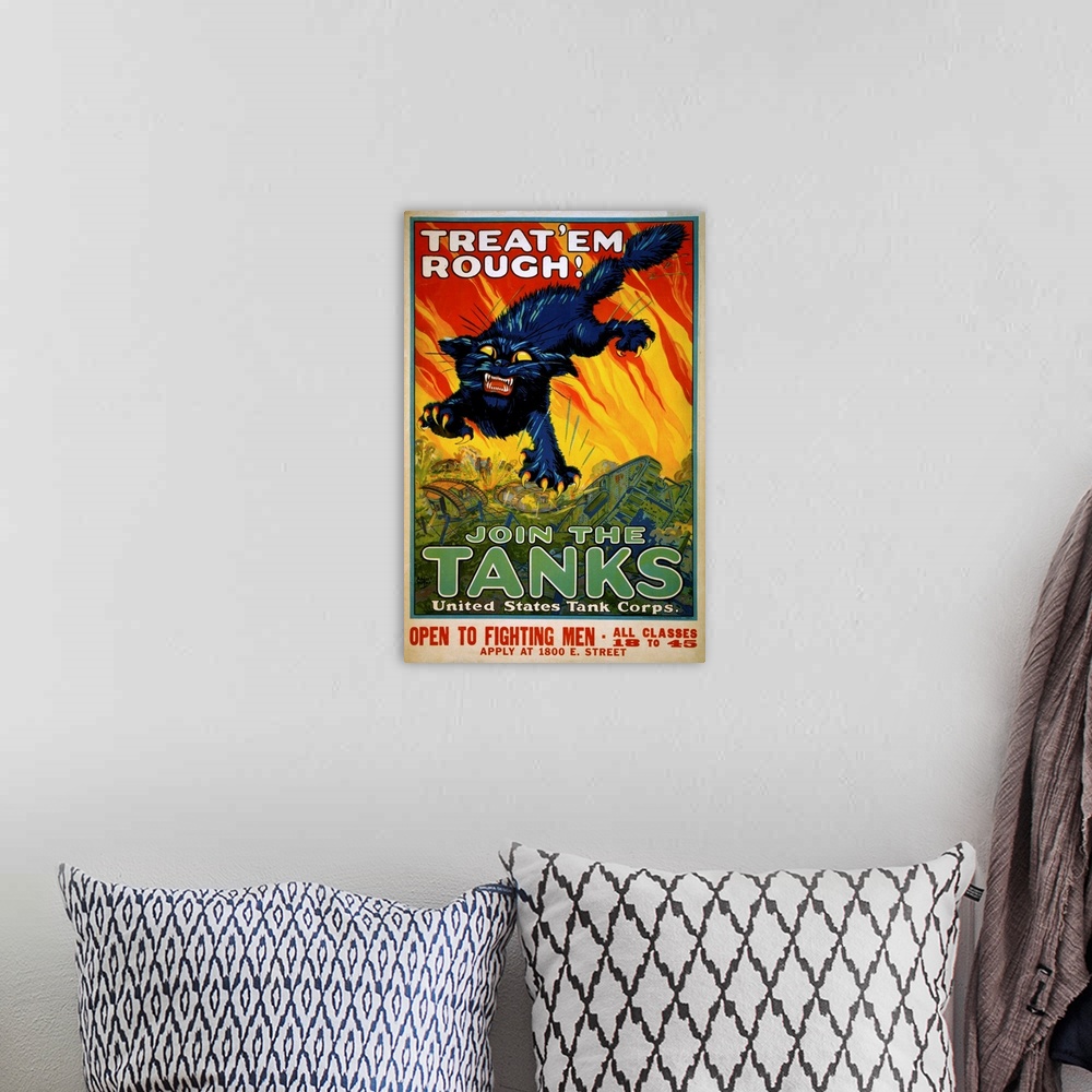 A bohemian room featuring Poster from 1917 showing a black cat with prominent fangs and claws leaping above a battlefield w...