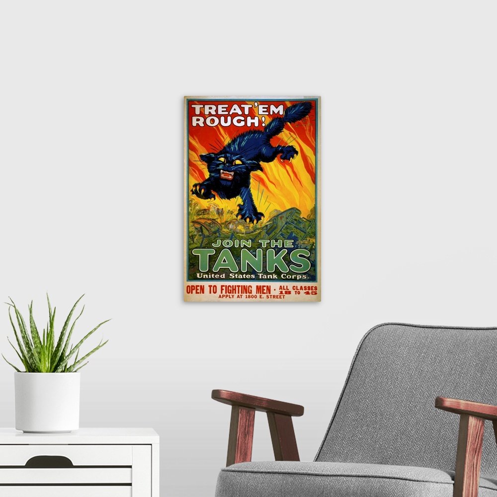 A modern room featuring Poster from 1917 showing a black cat with prominent fangs and claws leaping above a battlefield w...