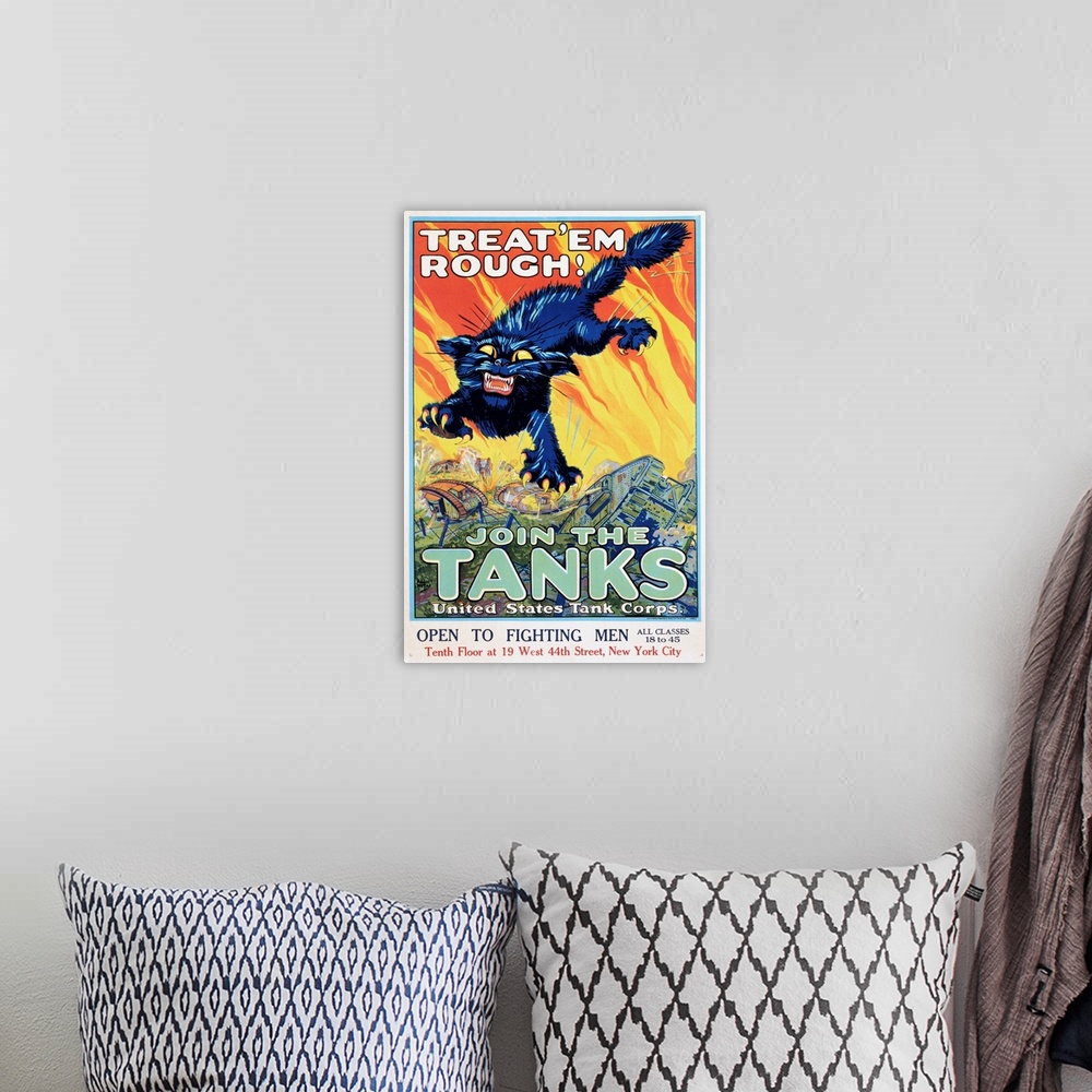 A bohemian room featuring Treat 'Em Rough, Join The Tanks Recruitment Poster By August William Hutaf