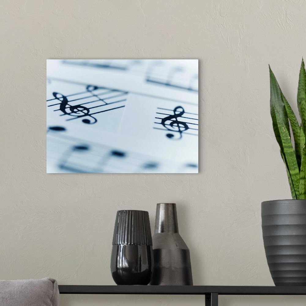 A modern room featuring Treble clef and musical notes on music sheets