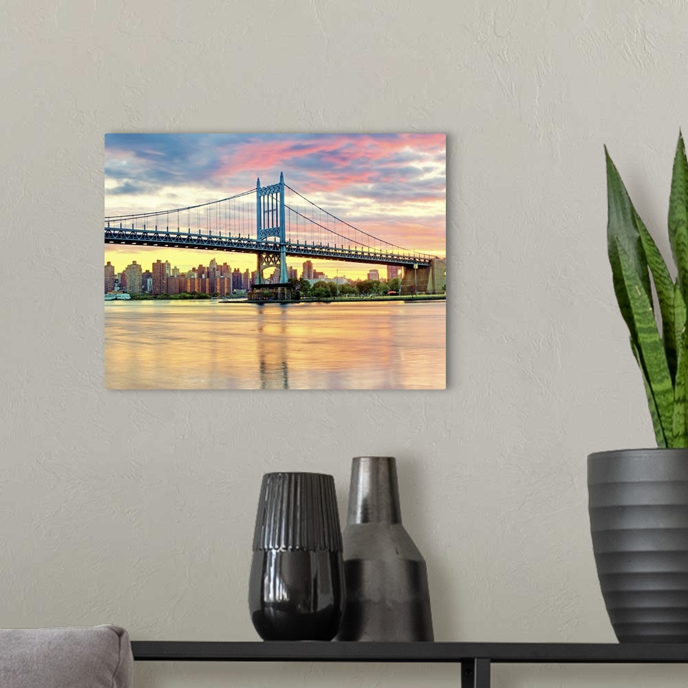 A modern room featuring Triboro Bridge (HDR) taken from Astoria Queens NYC and with Manhattan skyline in background.