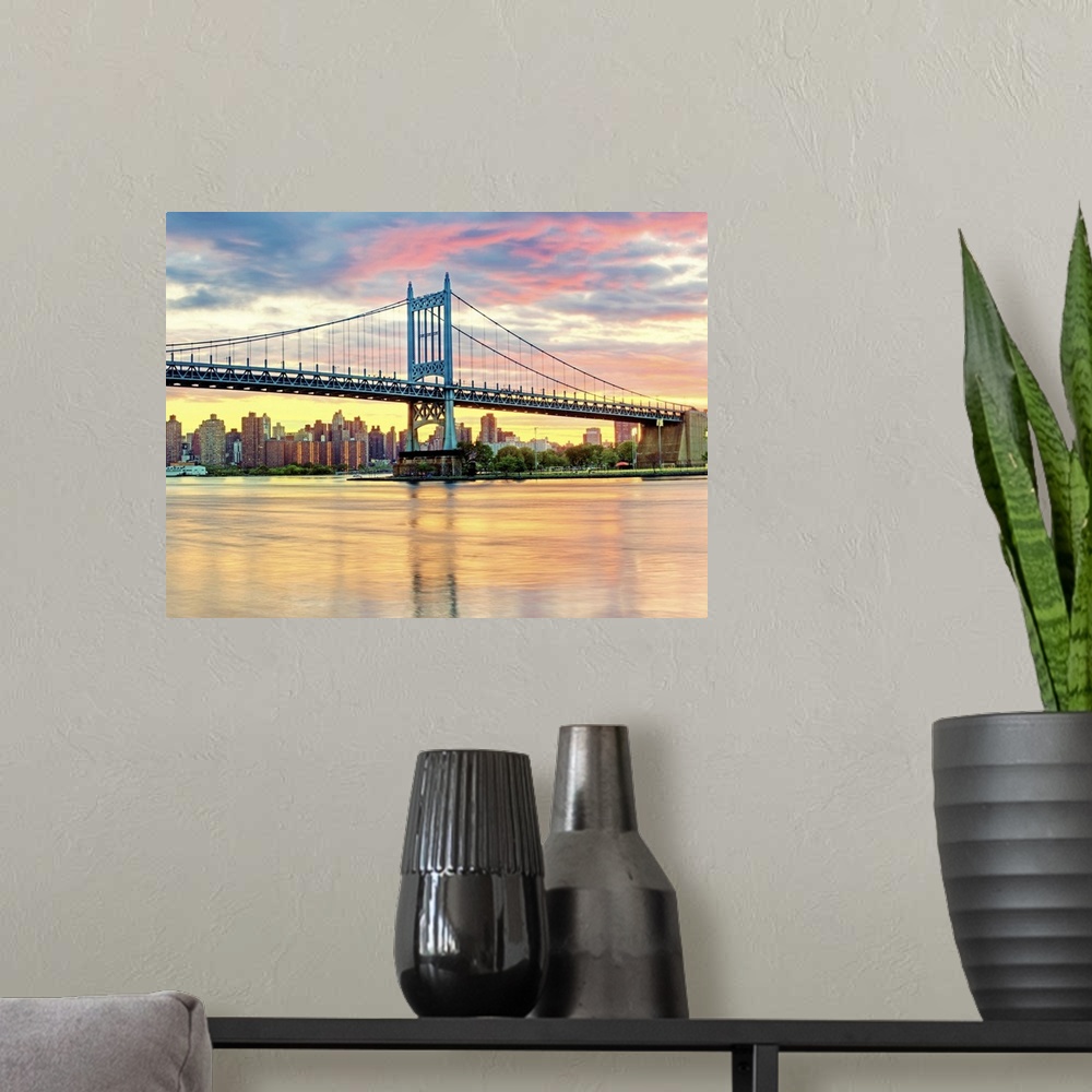 A modern room featuring Triboro Bridge (HDR) taken from Astoria Queens NYC and with Manhattan skyline in background.