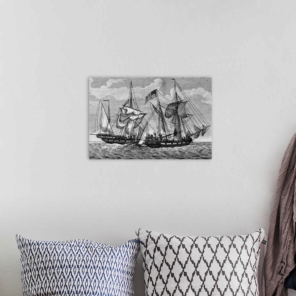A bohemian room featuring Tripolian Pirates extricating tribute from Captain Sterrett and his schooner Enterprise.