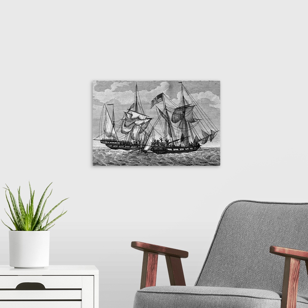 A modern room featuring Tripolian Pirates extricating tribute from Captain Sterrett and his schooner Enterprise.