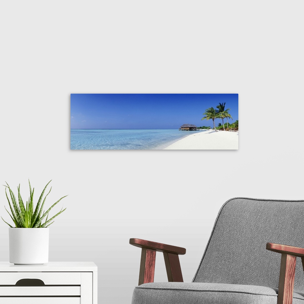 A modern room featuring Panoramic image of a tropical beach with white sand and turquoise water.