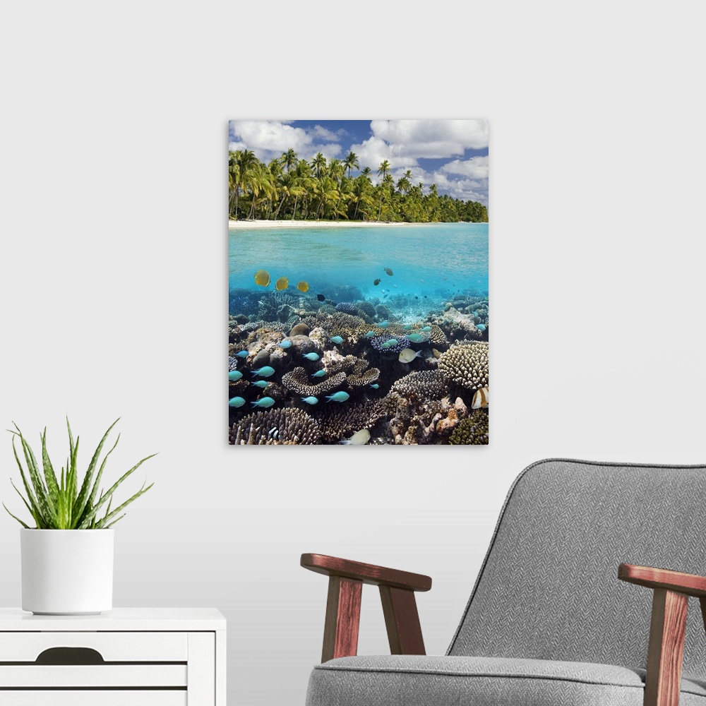 A modern room featuring Tropical Lagoon in South Ari Atoll in the Maldives in the Indian Ocean (digital composite).