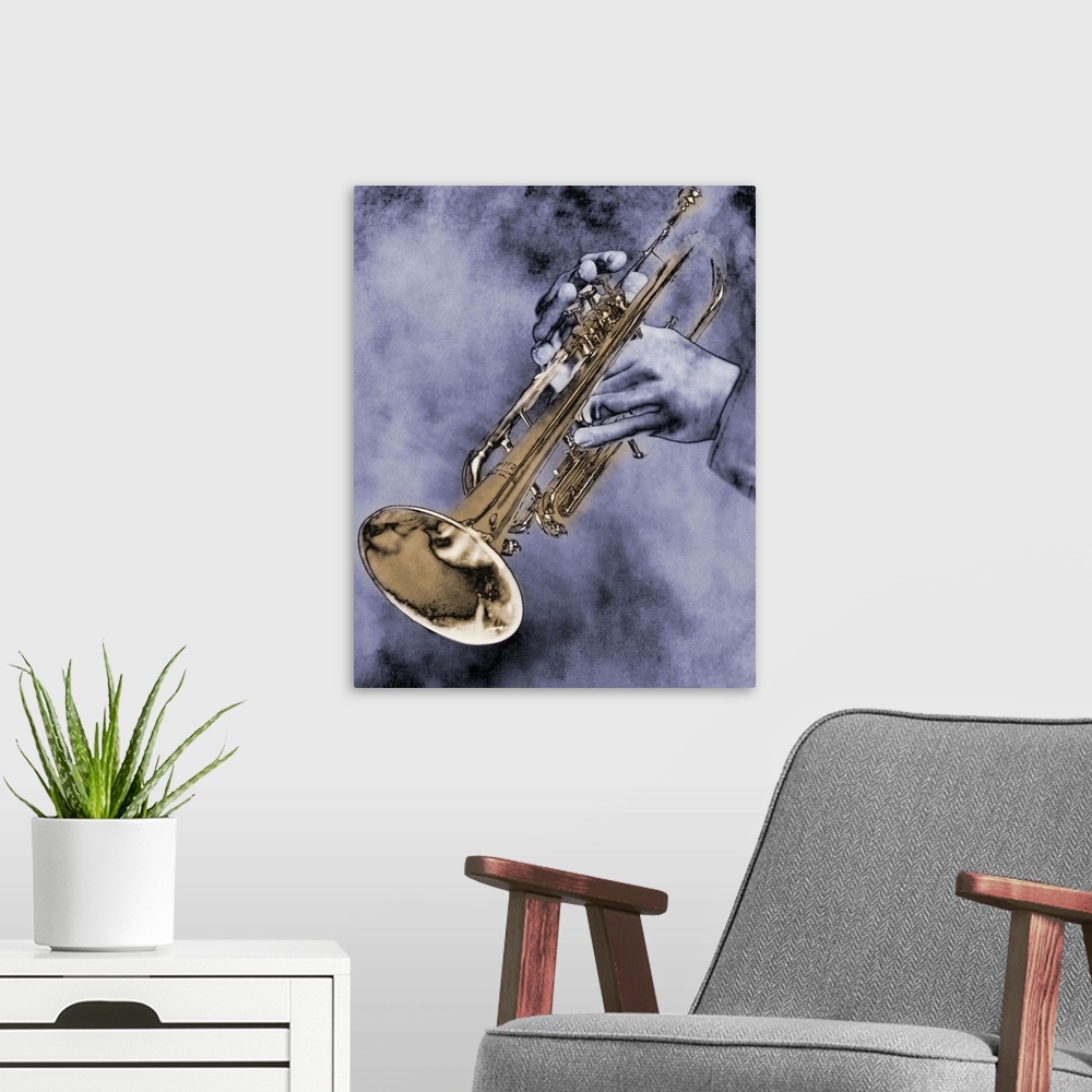 A modern room featuring Trumpet Player