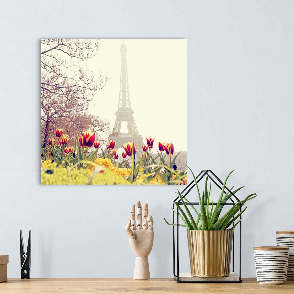 A bohemian room featuring Low angle photograph of the Eiffel Tower in the background with tulip blossoms and trees in the f...