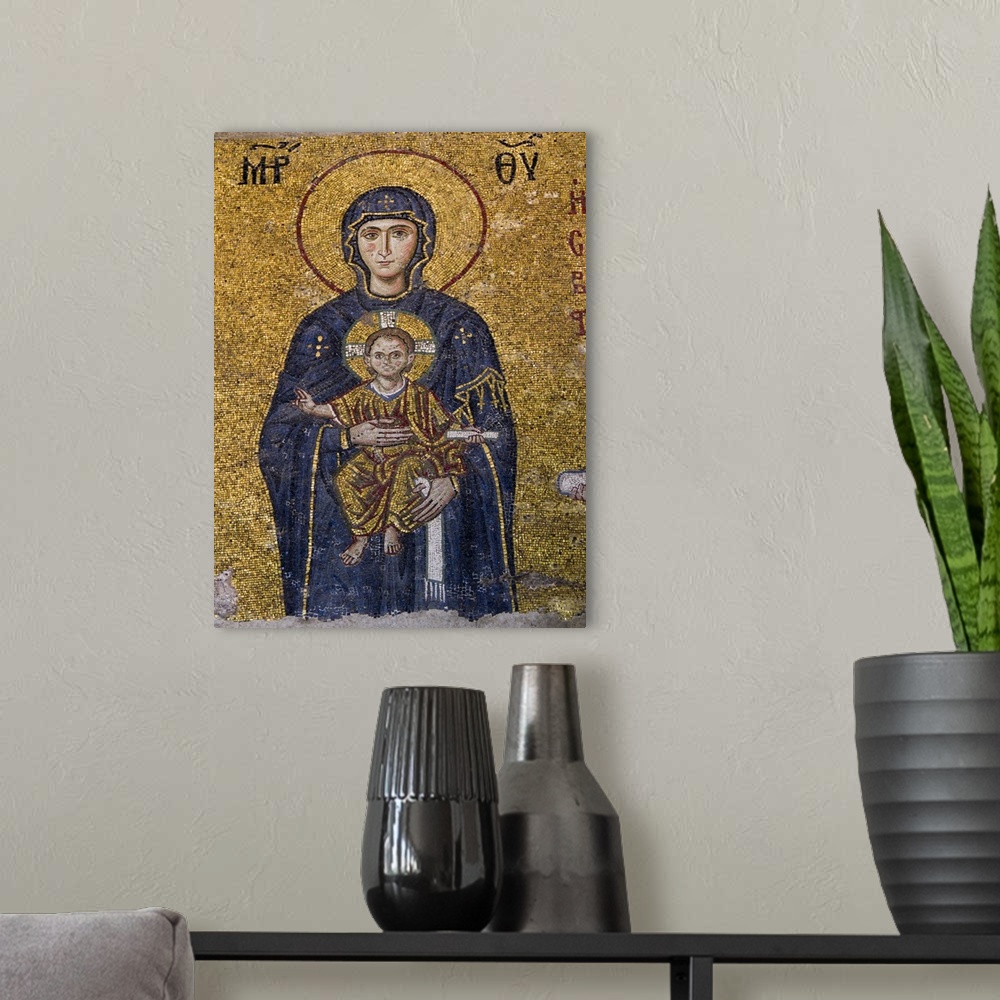 A modern room featuring Turkey, Hagia Sophia Mosque, Close up of  mosaic depicting Virgin Mary with baby Jesus