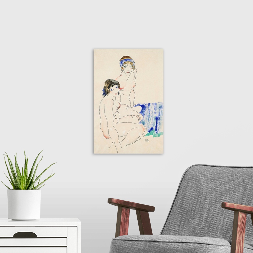 A modern room featuring Two Female Nudes By The Water By Egon Schiele