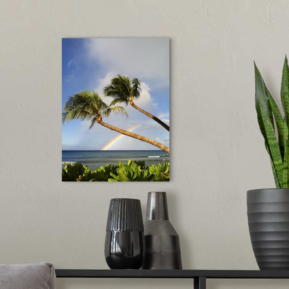A modern room featuring Two palm trees on beach and rainbow over sea in background at Hawaii.