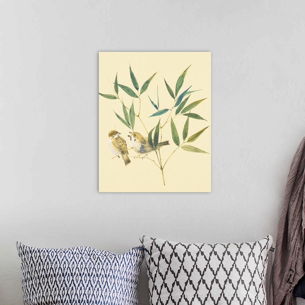 A bohemian room featuring Two sparrows and bamboo leaves