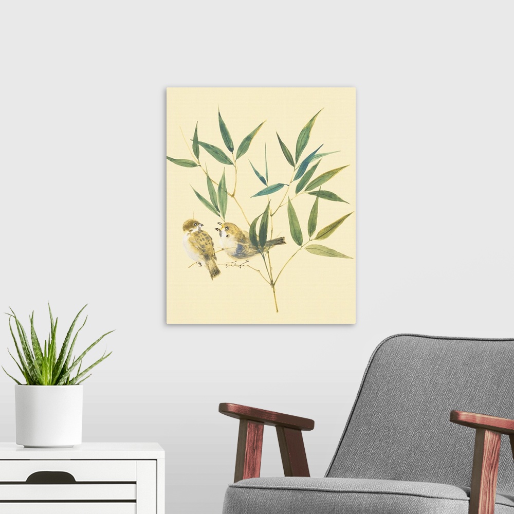 A modern room featuring Two sparrows and bamboo leaves