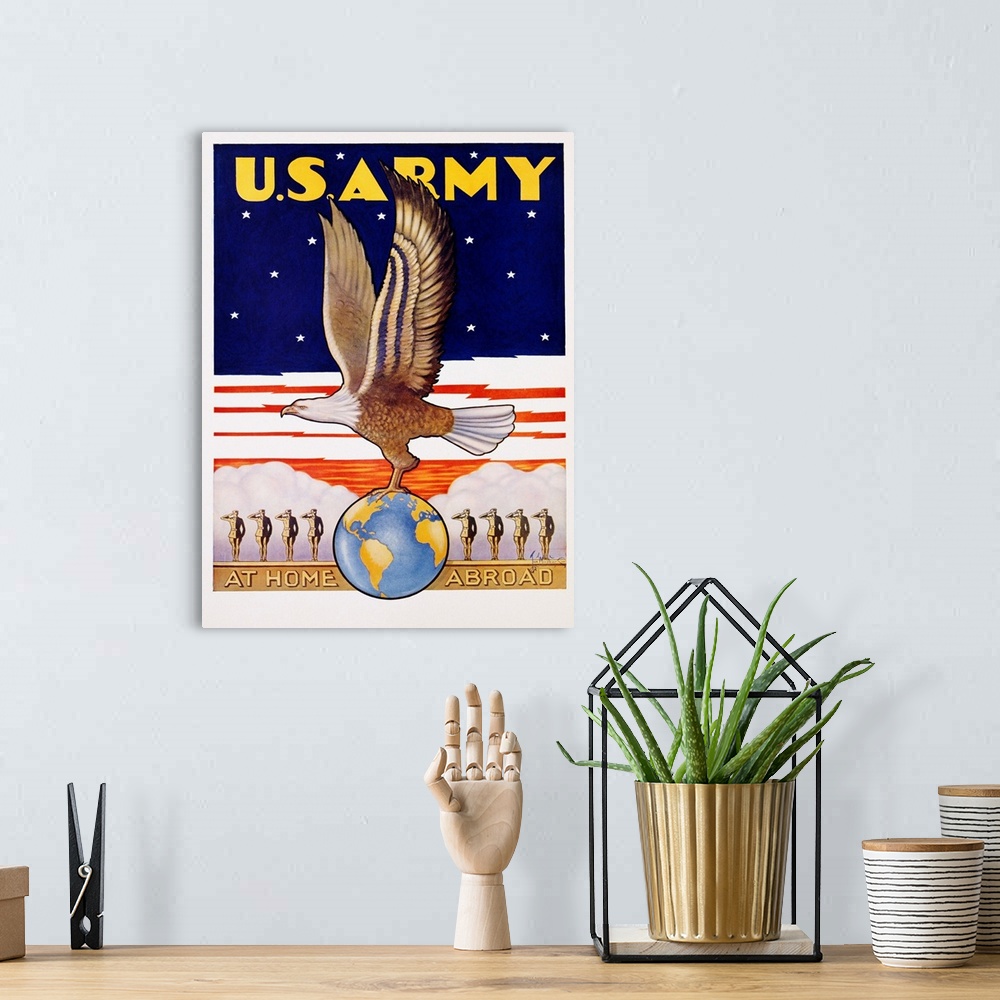 A bohemian room featuring U.S. Army, At Home Abroad Recruitment Poster By Tom Woodburn
