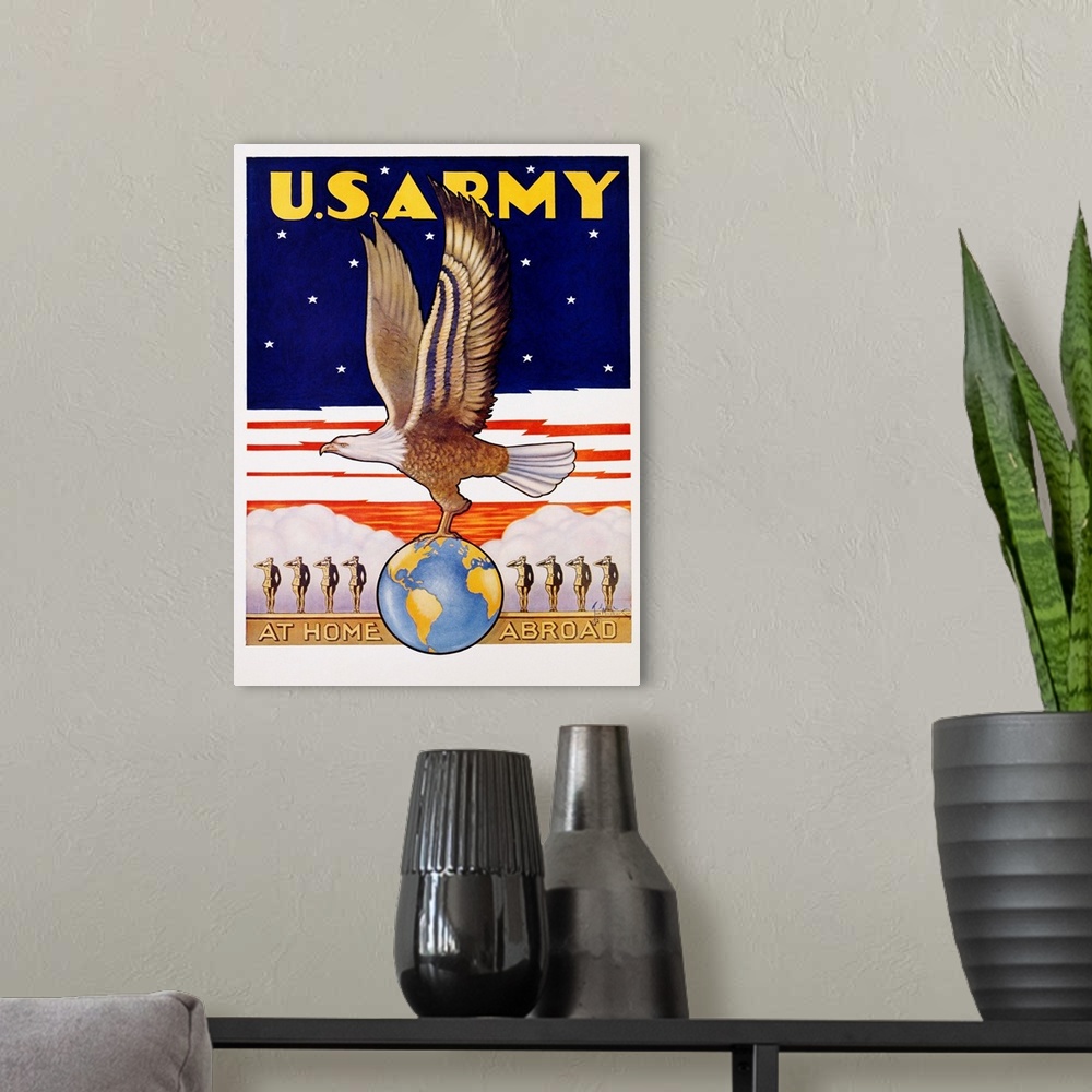 A modern room featuring U.S. Army, At Home Abroad Recruitment Poster By Tom Woodburn