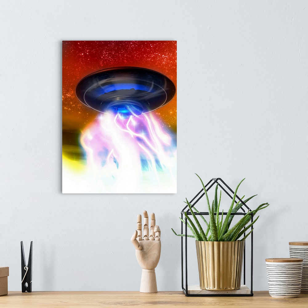A bohemian room featuring UFO taking off into the sky with dramatic light effects.