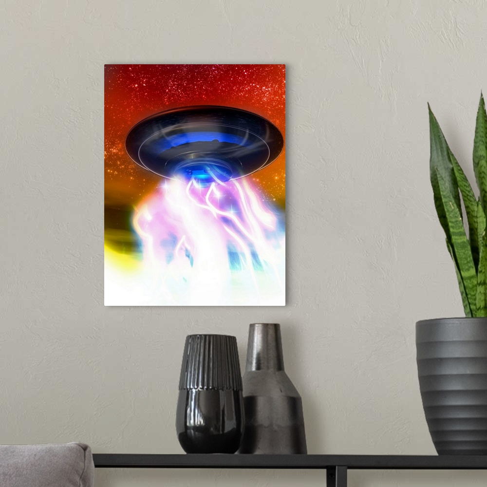 A modern room featuring UFO taking off into the sky with dramatic light effects.