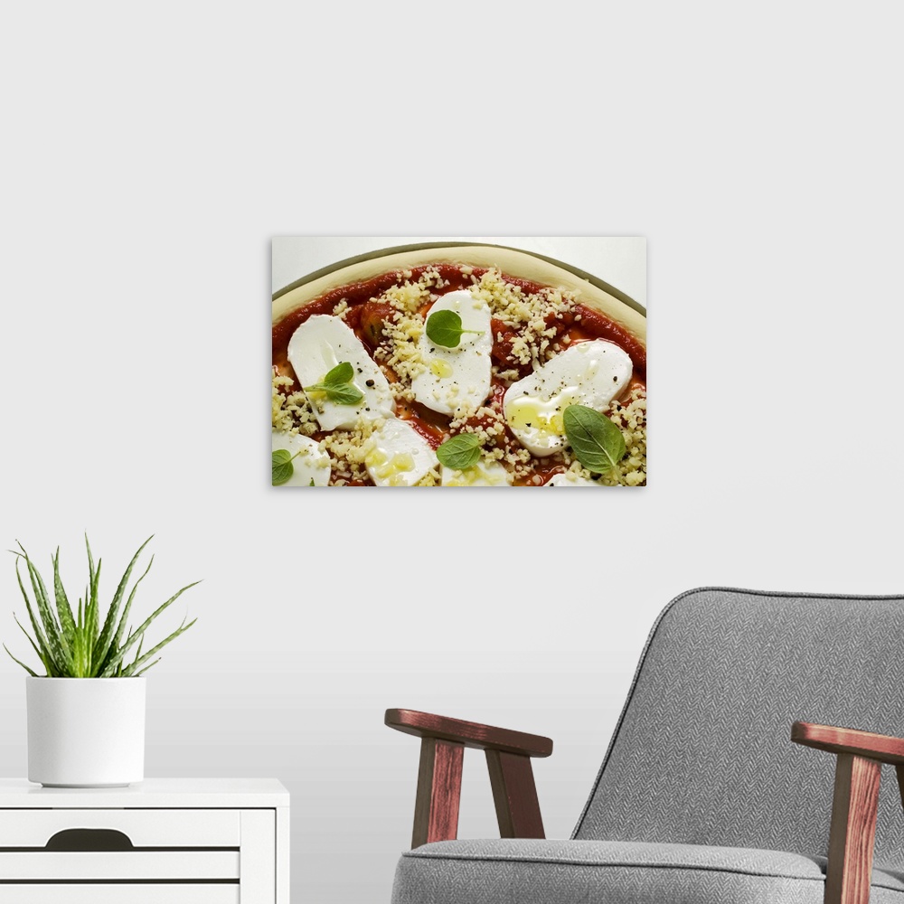 A modern room featuring Unbaked Mozzarella Pizza